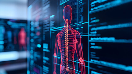 A digital illustration showing a human spine highlighted in red against a dark background with overlaid data and anatomical information.