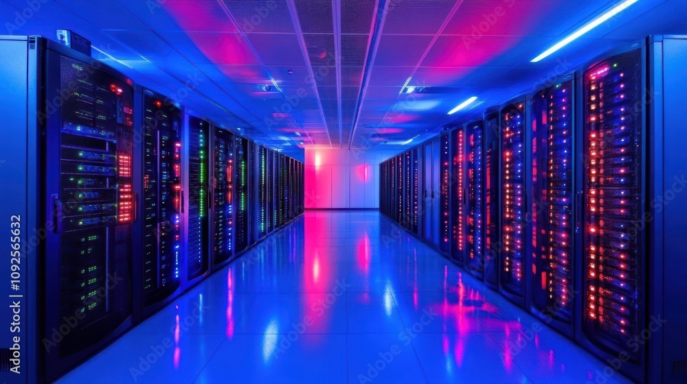 Poster Illuminated Server Room Rows Of Data Servers