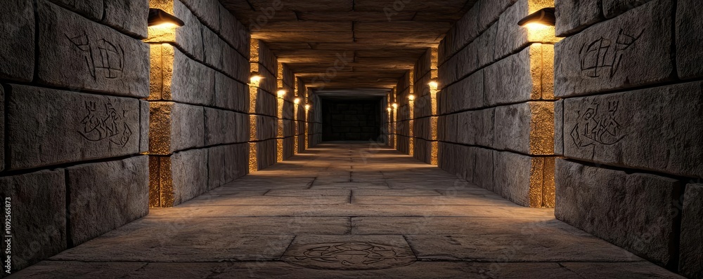 Poster ancient stone corridor with illuminated columns and dark depth.