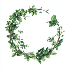 A lush green wreath made of various leaves and vines, symbolizing nature's beauty and freshness.