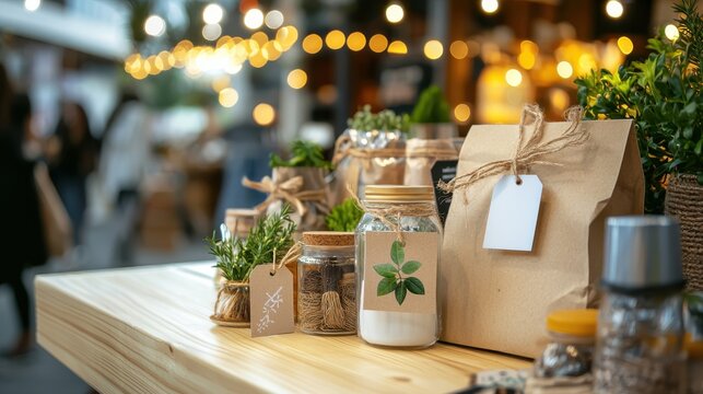A trendy zero-waste market stall showcasing branded reusable jars, handmade cloth wraps, and crafts like eco-friendly price tags, captured in vibrant lighting