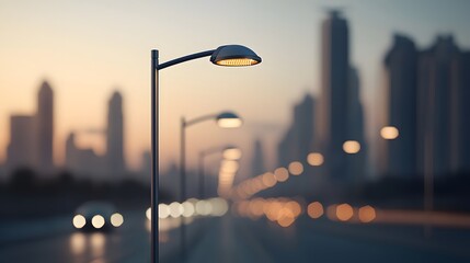 Enchanting Cityscape Illuminated by Solar Streetlights Under the Evening Sky's Soft Glow. Energy Stock, Renewable, Sustainable Concept