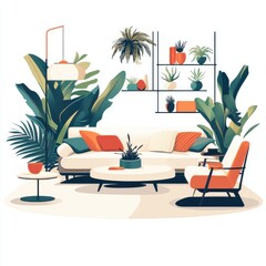 Obraz premium Bright and modern living room featuring vibrant plants and cozy furniture in a tropical-inspired setting.