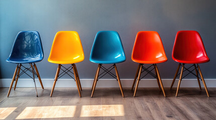 Row of empty wooden chairs against a white wall in a minimalist home office