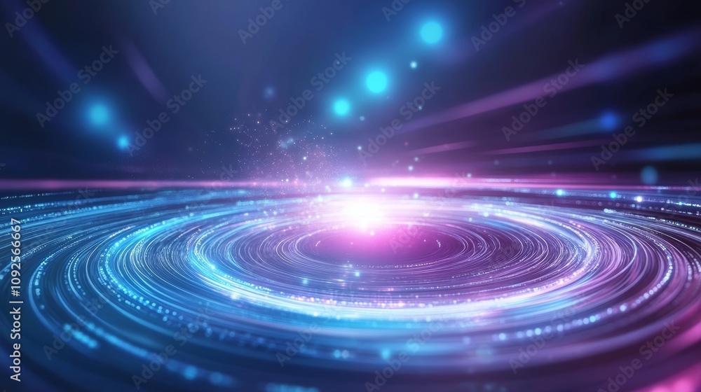 Poster stunning abstract background with glowing circles and light rays in blue and pink hues, creating a d