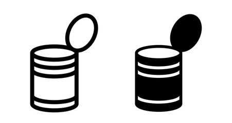 Open tin can Icon set in black filled and line.