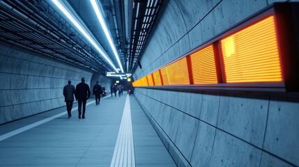 Modern subway tunnel with orange lights and concrete walls, people walking.