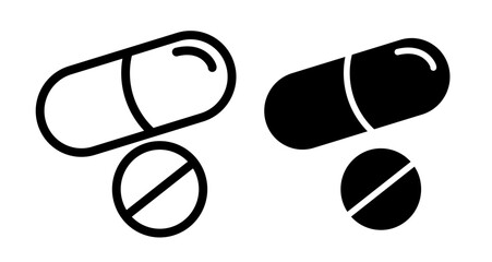 Pills Icon set in black filled and line.
