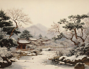 눈 오는 겨울 한국 전통 풍경