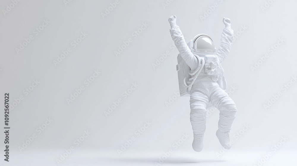 Poster a white astronaut in a joyful pose, symbolizing exploration and adventure in space.