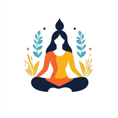 Fototapeta premium A serene female figure in a vibrant orange and yellow outfit, meditating amidst colorful leaves.