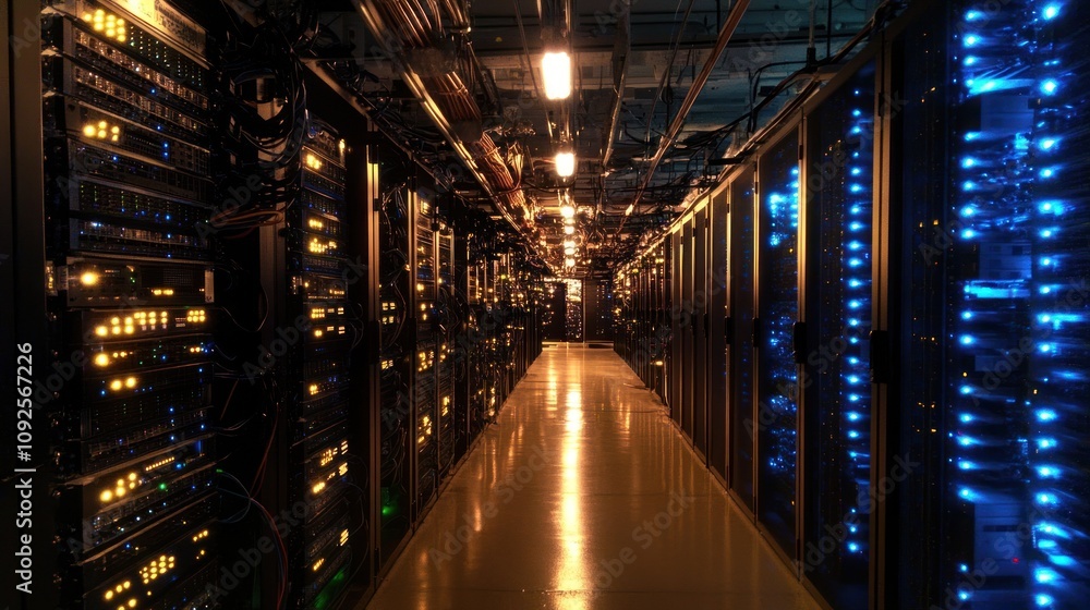 Poster Illuminated Server Room Corridor Showing Network Infrastructure