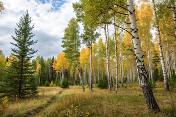 Fototapeta premium forest of birch and pine trees with autumn leaves, pine, scenery, leaf