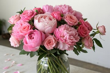 Fresh bunch of pink peonies and roses in a vase, floral arrangement, vase fill, garden party
