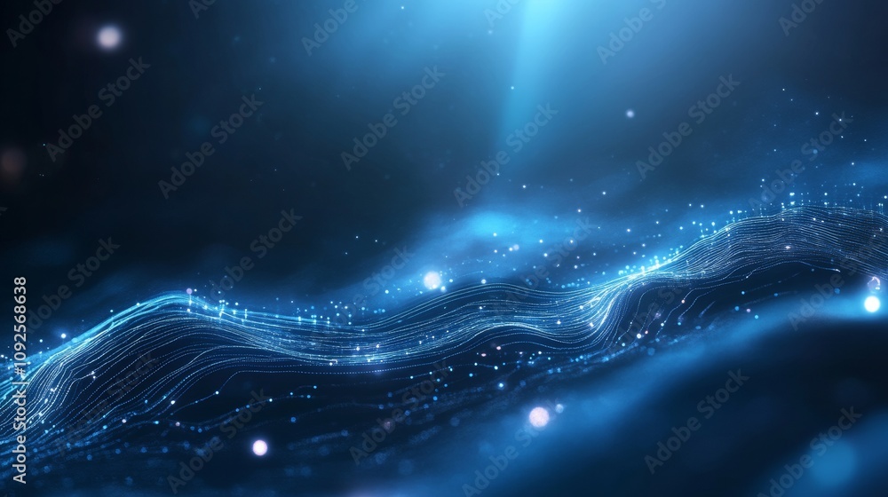 Poster abstract waves of light with sparkling particles in a digital space environment, perfect for illustr