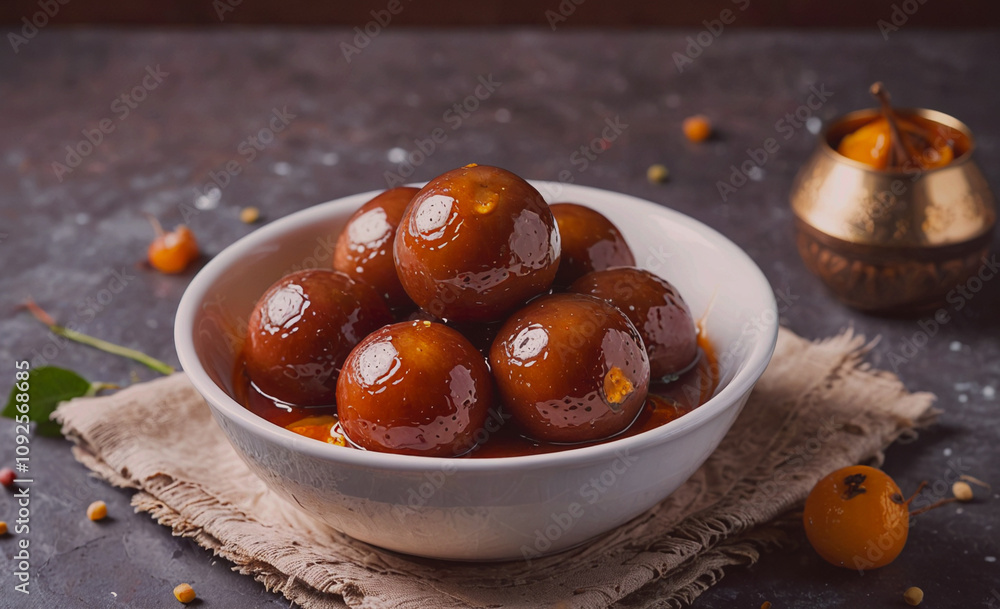 Poster bowl of brown sugar balls on a table. there are also some oranges and a vase on the table