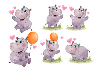 Obraz premium Cute hand drawn Set of hippo illustration with love and heart. Cute baby character for print DTF T-Shirt, postcard and invitation