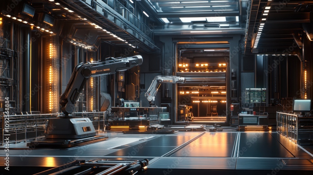 Poster futuristic robotic factory interior design showing advanced technology