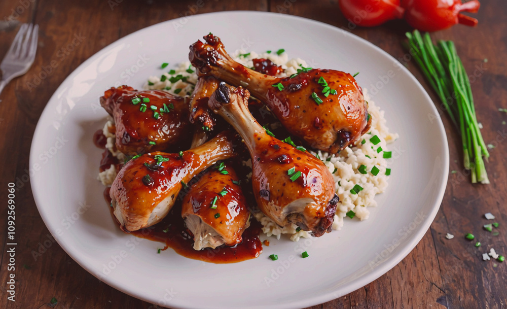 Poster plate of chicken with rice and parsley. the chicken is cut into pieces and is covered in sauce