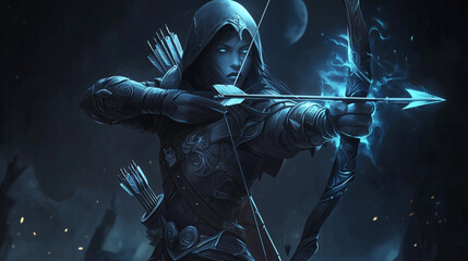 Naklejka premium A stealthy night elf archer with dark, hooded armor, dual shadowy daggers, and a glowing bow strung with a thread of moonlight, illustration, semi realistic drawing