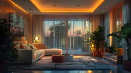 Fototapeta premium Serene Sunset-Lit Living Room: 3D Render of a Luxurious Interior with Warm Lighting, Plush Sofa, and Tropical Plants