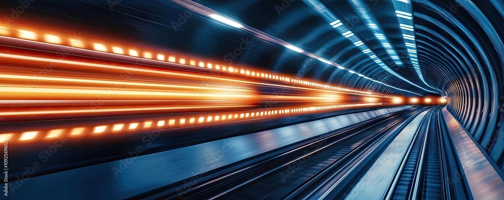 Poster futuristic train tunnel with colorful light trails on the track.