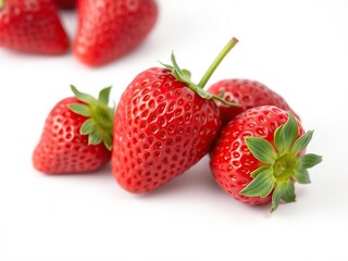 Freshly picked strawberry with bright red color against a plain white background, rounded, plump, ripe