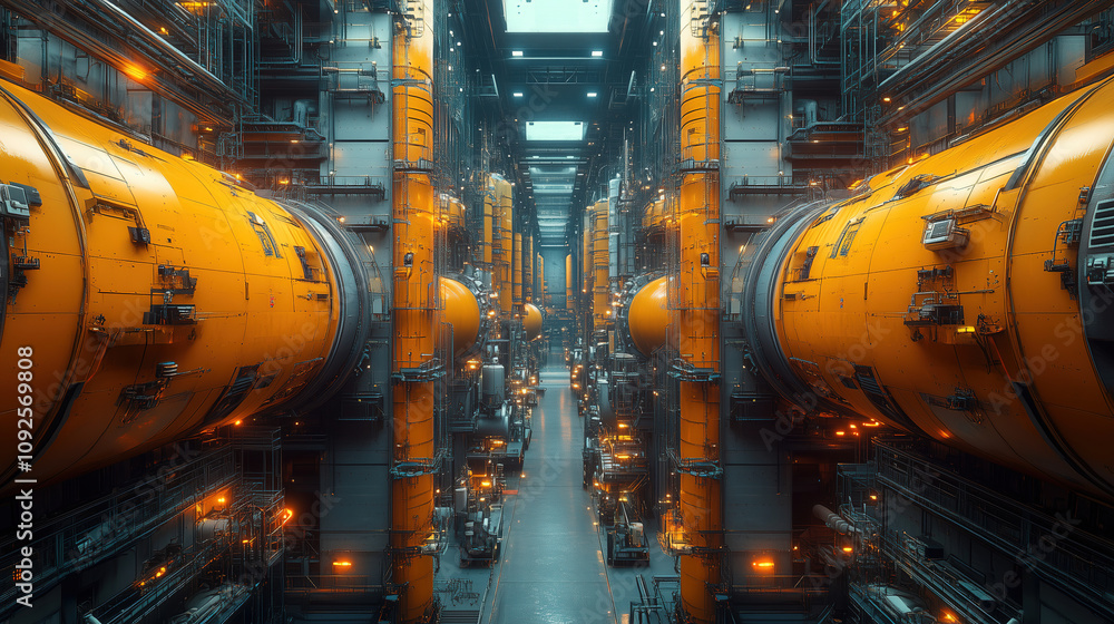 Poster futuristic industrial facility featuring orange cylindrical structures and advanced technology in a 