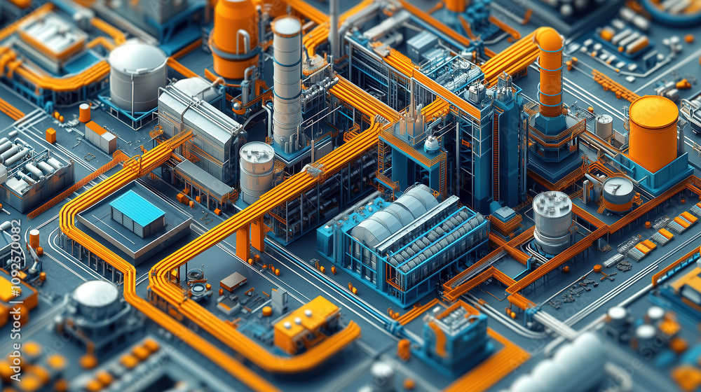 Poster industrial complex with intricate piping and machinery in a vibrant, modern layout showcasing effici