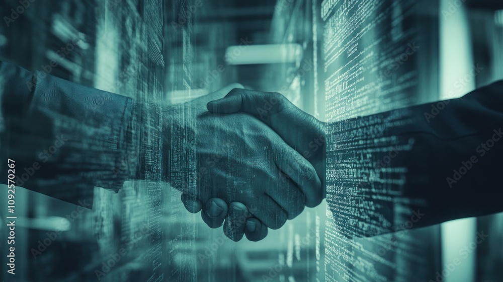 Poster a digital handshake symbolizing partnership and technology in a modern business context.