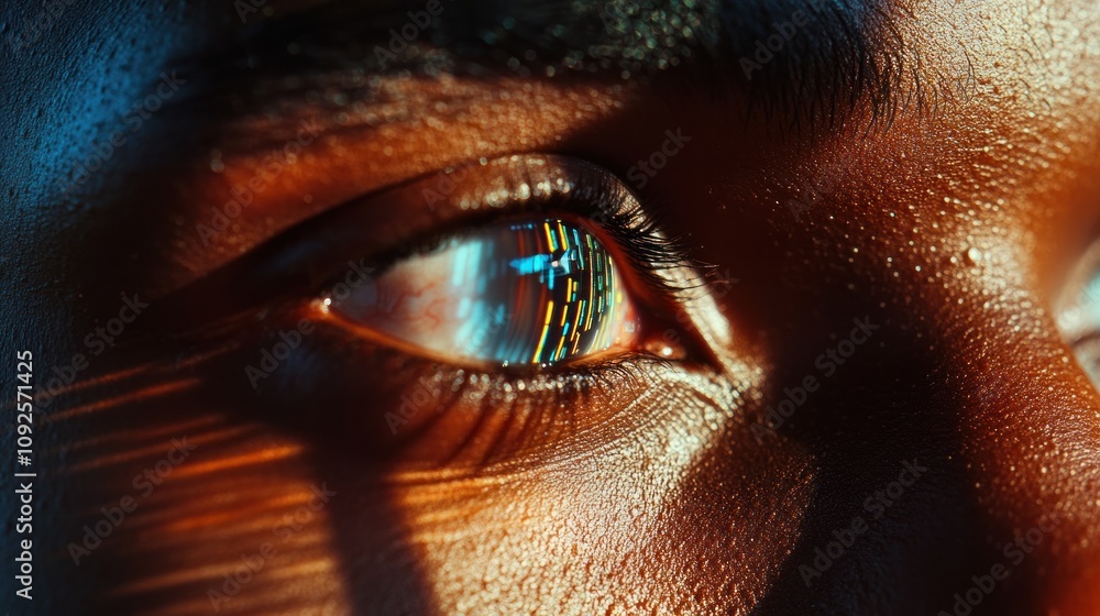 Poster a close-up of an eye reflecting colorful lights and patterns.