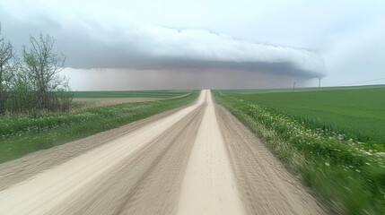 Fototapeta premium A winding asphalt road cuts through a vast green field, vanishing into the misty horizon