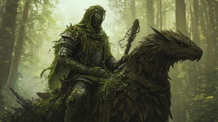 Fototapeta premium Verdant Protector  A nature-bound knight in moss-covered armor, riding a forest griffon and armed with a spear sprouting vines, illustration, semi realistic drawing