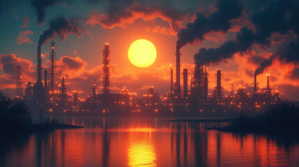 Fototapeta premium Sunset over industrial landscape with smokestacks and reflective water in the foreground. Generative AI