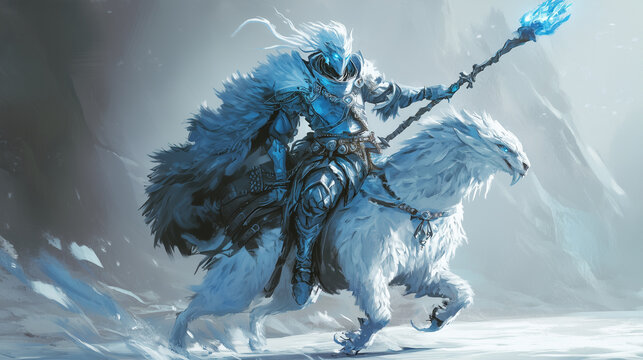 Frost Sentinel Mage  A mage in icy-blue armor, riding a frost-coated griffon and wielding a staff that summons blizzards, illustration, semi realistic drawing