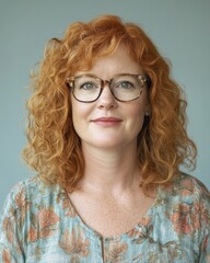 Obraz premium A woman with curly red hair and glasses poses for a portrait against a neutral background.
