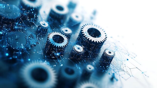 Gears and digital circuitry forming an abstract connected pattern isolated on white