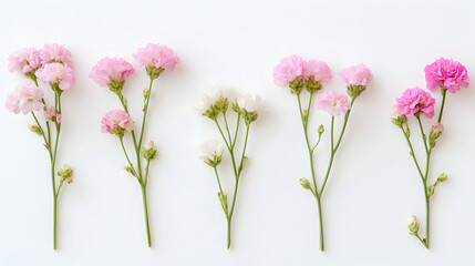 Fototapeta premium A Row of Delicate Pink and White Flowers Arranged on a White Background, Creating a Simple and Elegant Floral Display