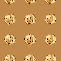 Watercolor seamless pattern. Sweets chocolate chip cookies. Festive seamless pattern with sweets. Hand drawn illustration. National Chocolate Chip Cookie day.