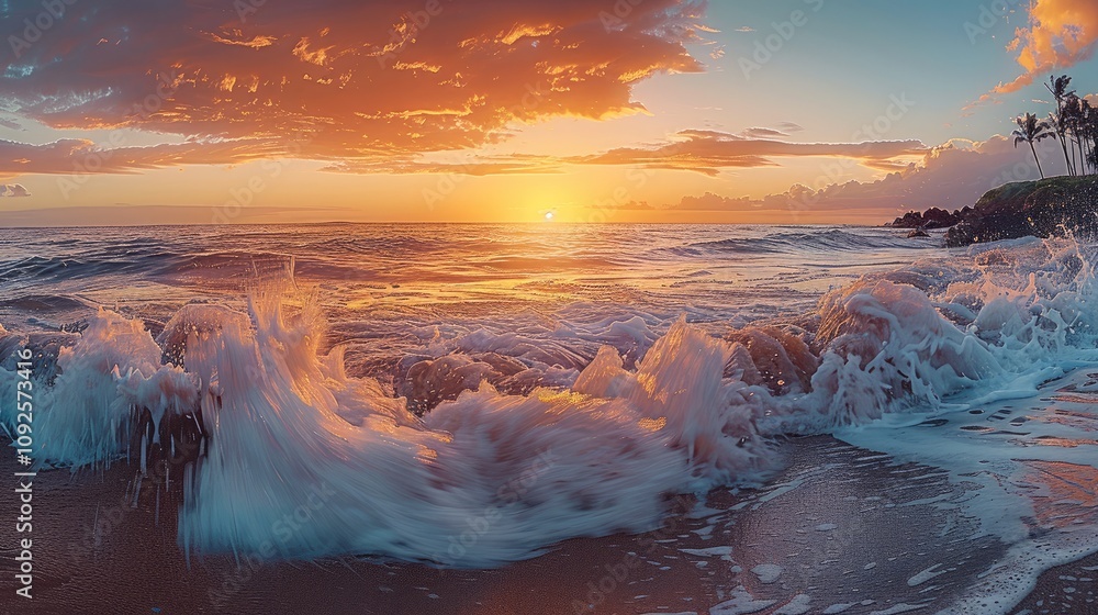 Aufkleber waves crashing on the shore, colorful sky create a warm backdrop.