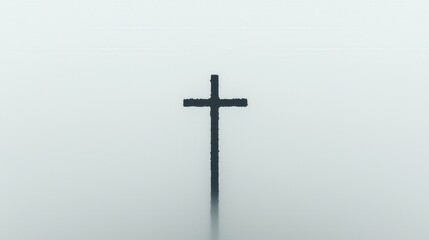A black Christian cross emerges from a misty white background, appearing both isolated and serene, creating a minimalist visual that emphasizes faith, solitude, and a sense of divine presence.