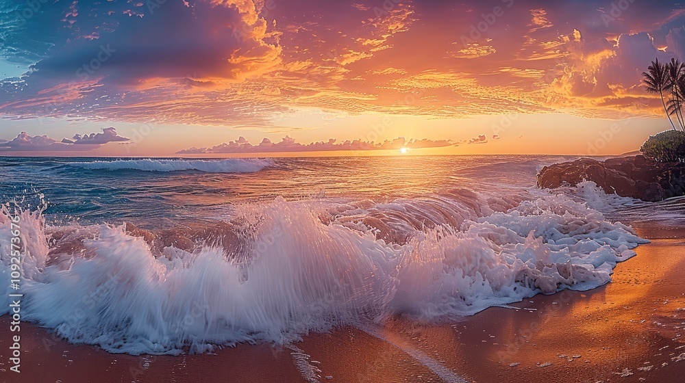 Aufkleber waves crashing on the shore, colorful sky create a warm backdrop.