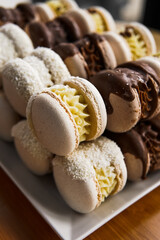 Colored macarons on a stand.Macarons.Macarons close-up.Vertical photo