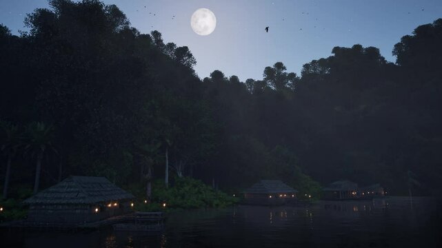 Amazon Rainforest River with wooden huts and wooden fishing boats on night time with full moon 3D animation camera static