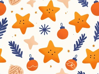 Naklejka premium Whimsical pattern featuring orange stars and ornaments, perfect for festive decor and holiday designs.