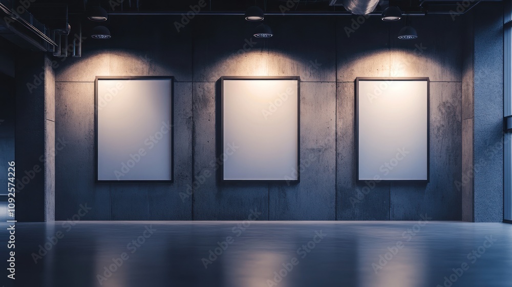 Poster a minimalist gallery space with three empty frames against a concrete wall.