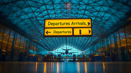 vision general de interior terminal aeropuerto con cartel de llegadas y salidas