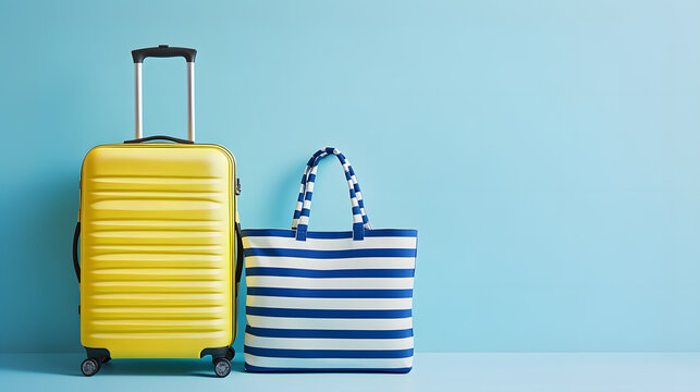 Maleta y bolsa de playa preparada para viaje de familia