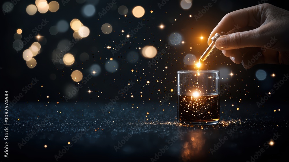 Poster a hand drops a glowing substance into a dark glass, creating a magical effect with sparkling lights 