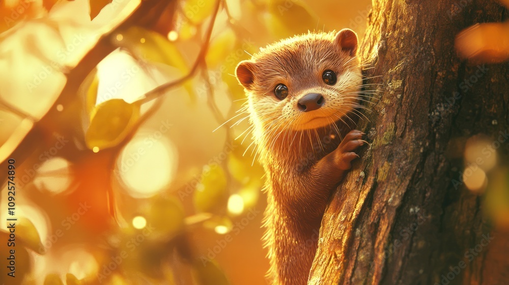 Poster a curious otter peeks from behind a tree in a warm, sunlit forest setting.